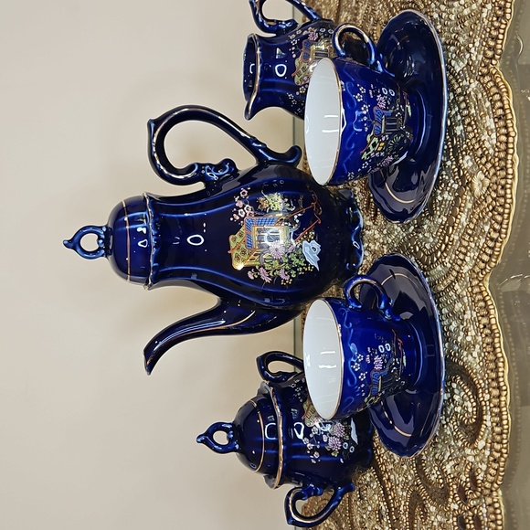 Coffee Set Made In Japan Vintage 1960s Fifteen Pieces Blue Cobalt Gorgeous!